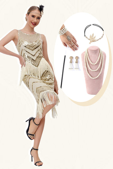 Champagne Glitter Fringes Gatsby Dress with Accessories Set